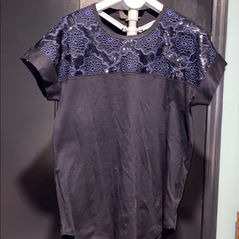 Navy shirt with sequin and flower embellishments